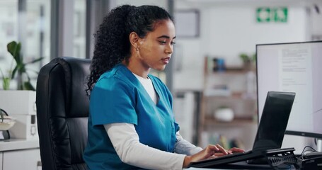 Nurse, woman or typing on laptop at reception to schedule appointment, health report or test results. Medicine, professional and computer screen for hospital administration or review medical database - Powered by Adobe