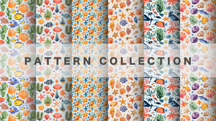 Sea creature pattern in watercolor style, 6 pattern data sets

