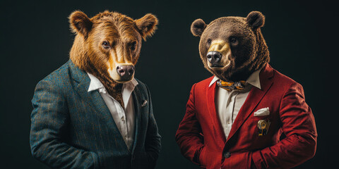 Stock market concept with bull and bear in business suits symbolizing bullish and bearish trends in financial trading, economic investment strategy,market psychology for business and finance banner