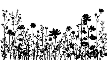 Silhouette of varied wildflowers in a field against a clear, white background