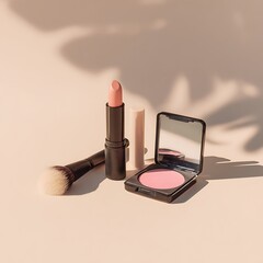**Aesthetic Desk Vanity Scene With Modern Makeup Items: A Matte Lipstick, Angled Foundation Brush, And A Blush Compact With Mirror, All Laid Out Symmetrically With Negative Space In The Center. Soft D