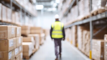 Blurred solitary worker in cavernous warehouse labyrinth, neon vest glowing like a beacon, evoking Labor Day perseverance
