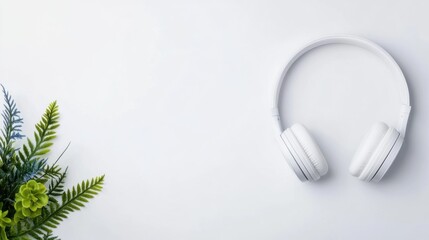 Modern white headphones with green plant on a clean background