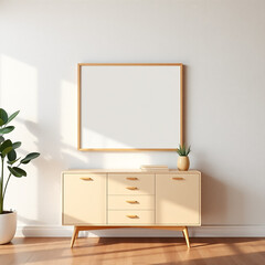 frame mockup for dining room wall art blank canvas in pastel tones textured plaster mid-century modern design aesthetic 3d render spacious interior elegant decor for home style minimalist art display