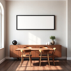 frame mockup for wall art in modern dining room featuring textured plaster wall in pastel tones mid-century design aesthetic perfect for showcasing interior decor and artistic presentations 3D render