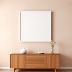 frame mockup for dining room modern interior textured plaster wall art above buffet in pastel tones mid-century modern style 3d render iso a2 landscape design blank template room decor image