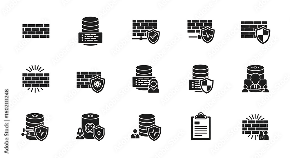 Poster various security and data protection icons featuring firewalls and data storage solutions in black a