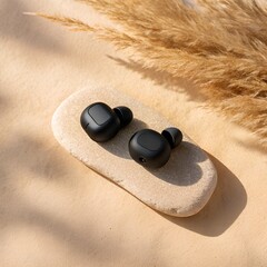 Matte Black Wireless Earbuds on Stone