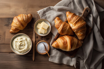 Delicious golden brown croissants with butter, cream cheese, and salt on rustic wooden table