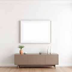 frame mockup for wall art in a dining room with textured plaster wall pastel tones mid-century modern aesthetic showcasing a2 landscape design above buffet in 3d render high quality home decor image