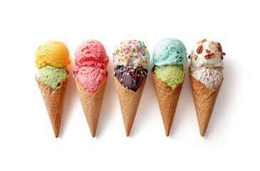Five colorful ice cream scoops standing in waffle cones on white background