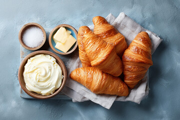 Freshly baked croissants with butter, cream cheese, and salt on rustic board