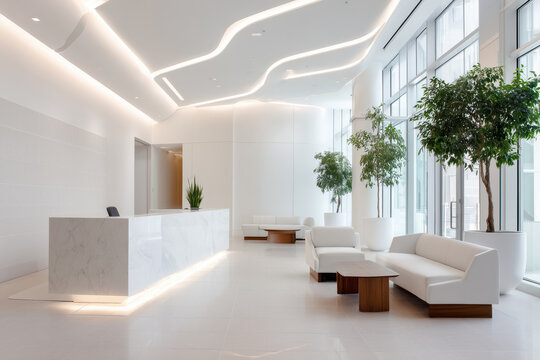 Modern white office lobby interior design with plants and marble reception desk