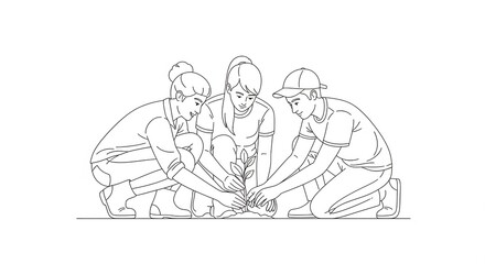 People Planting Seedling Together Illustration Line Art