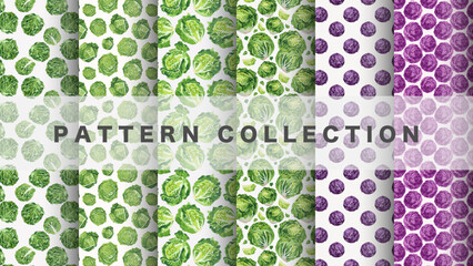 Cabbage and purple cabbage pattern in watercolor style, 6 pattern data sets

