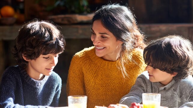 Middle-Eastern mother and sons sharing heartfelt laughter over autumn breakfast, echoing the warmth of Diwali and National Family Day