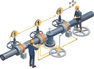 Isometric illustration of two workers inspecting industrial pipeline with valves and gauges numbered one