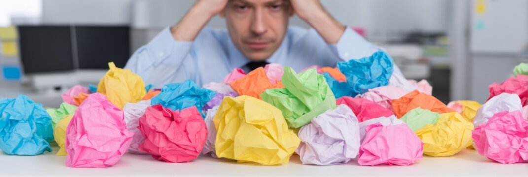 A perplexed Caucasian man amidst vibrant crumpled paper chaos, symbolizing International Creativity Month's brainstorm frenzy and productivity paradox