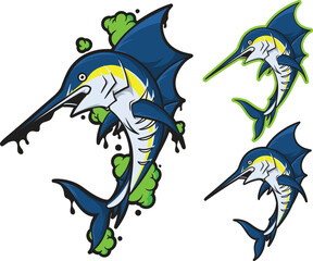 Cartoon Marlin Fish Vector Illustration Set