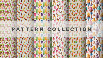 Ice cream pattern in watercolor style, 6 pattern data sets

