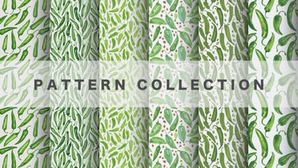 Green chili pepper pattern in watercolor style, 6 pattern data sets

