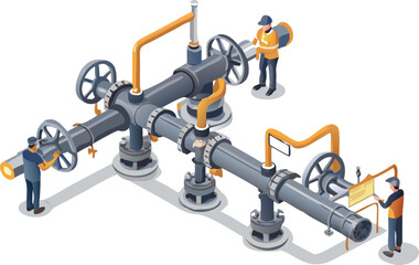Isometric view of industrial pipeline system with workers performing maintenance and inspection tasks