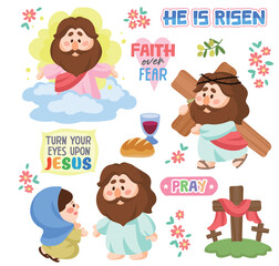 Fototapeta premium A cute cartoon Easter set featuring Jesus, Bible quotes, cross, bread, wine, and floral decorations. Perfect for church, Sunday school, or religious crafts.