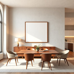 frame mockup for wall art in a dining room showcasing a textured plaster wall in calming pastel tones with a mid-century modern aesthetic ideal for home decor visual design artwork presentation 3d ren