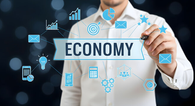Businessman touching a virtual screen with the word Economy, surrounded by icons representing finance, strategy, and global markets. - Powered by Adobe