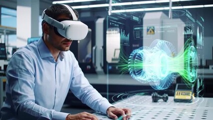 Automotive engineer wearing a VR headset and interacting with a futuristic 3D hologram of a turbine engine in a high-tech industrial laboratory. Virtual reality, innovation
- Powered by Adobe