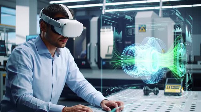 Automotive engineer wearing a VR headset and interacting with a futuristic 3D hologram of a turbine engine in a high-tech industrial laboratory. Virtual reality, innovation
 - Powered by Adobe