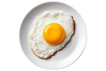 Sunny-side up fried egg with crisp edges on white plate, from above on white transparent background, breakfast simplicity.