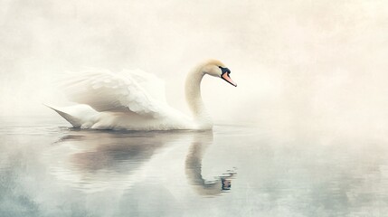 Fototapeta premium A serene swan glides gracefully on a misty lake.
