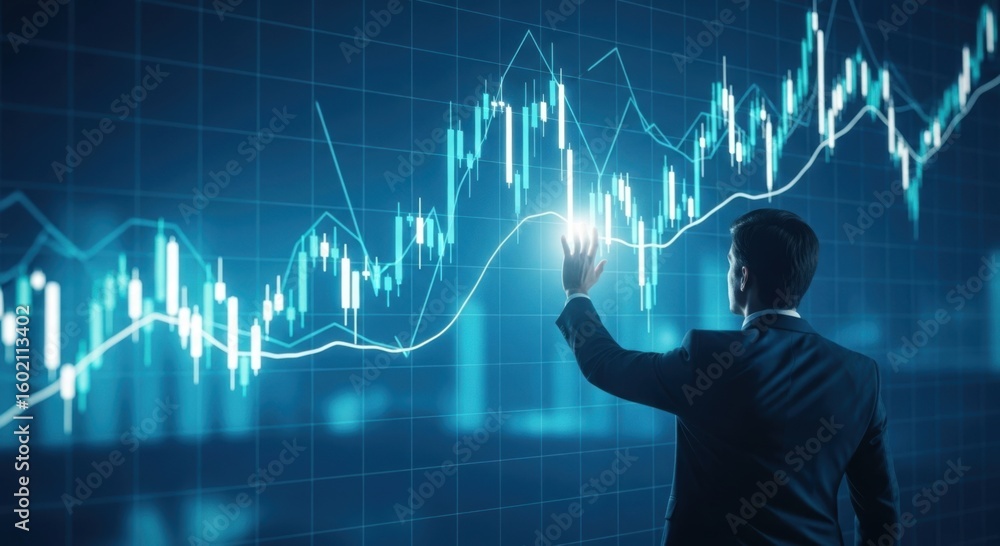 Poster man in suit interacting with futuristic digital financial market data visualization showing upward t