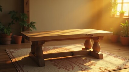 Wooden coffee table in a sunlit room.
