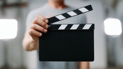 Film clapperboard in hand, echoing cinematic dreams, Indie Film Day inspiration, behind-the-scenes magic, creativity unfolds silently