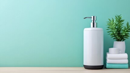 Modern Bathroom Decor with Pump Bottle, Towels, and Greenery on Shelf