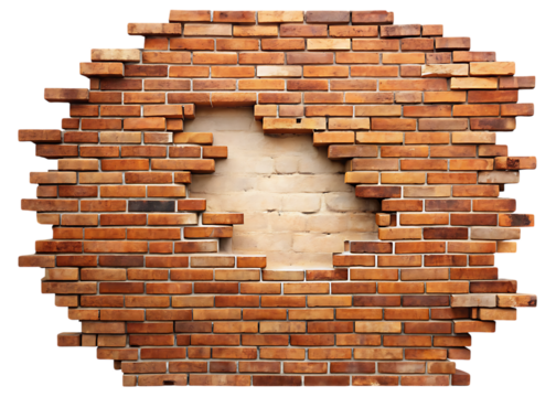 Jagged hole in a textured reddish brown brick wall with lighter bricks showing through isolated on a transparent background