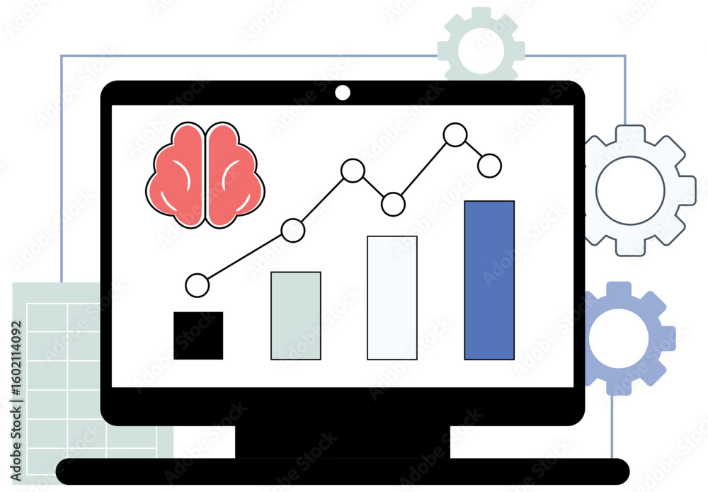 Aufkleber flat line chart showing increasing adoption across industries with brain and gear icons in minimal v