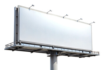 Large blank white billboard structure with metal frame and lights on black background isolated on a transparent background
