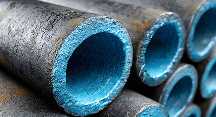 Close up angled view of a stack of industrial pipes with blue interiors, industrial background