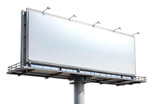 Large blank white billboard structure with metal frame and lights on black background isolated on a transparent background