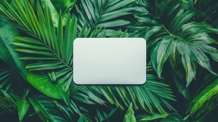 Blank white laptop amidst lush tropical foliage