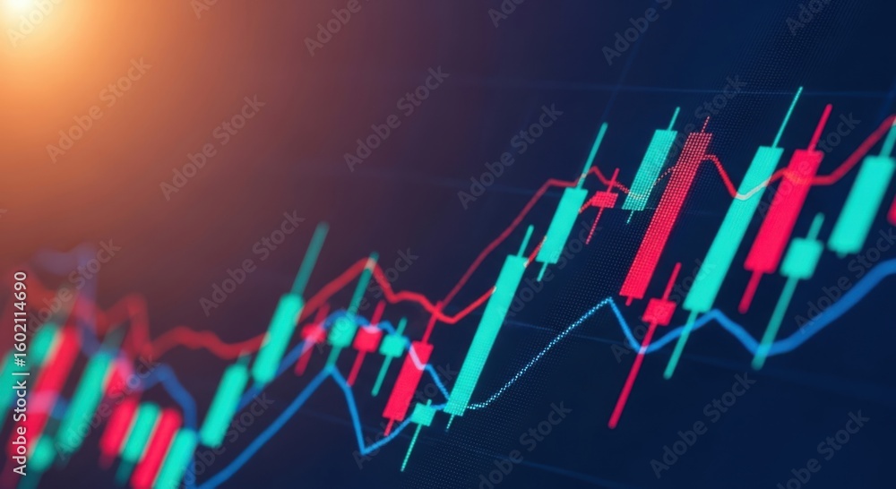 Poster dynamic financial market chart illustrating upward trends and volatility with candlestick patterns a