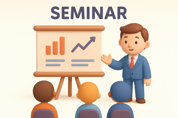 Business seminar presentation with graphs and audience in 3d cartoon style