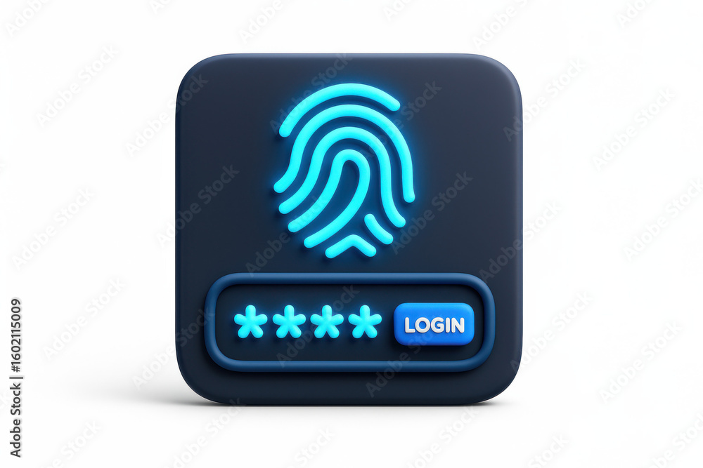 Poster 3d fingerprint icon with password and login button on dark background