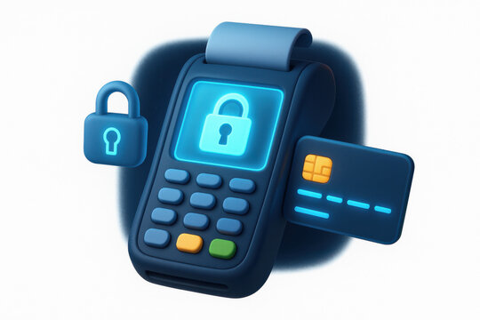 Secure payment terminal with lock icons and credit card in 3d design