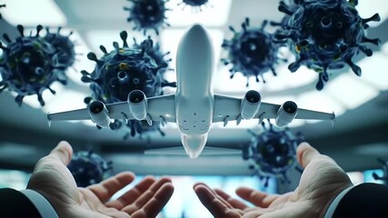 Conceptual Airplane Held In Hands Surrounded By Viral Particles With Blue Hues Illustrating Travel Risk During Global Pandemic In Airport Setting - Powered by Adobe
