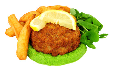 Fish cake filled with cod and creamy mashed potato with chips,  vivid green pea puree and pea shoot...