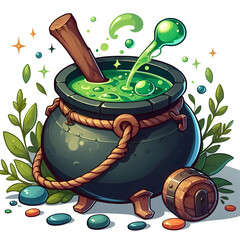 Mystical cauldron bubbling with vibrant potion amidst enchanting greenery Generative AI